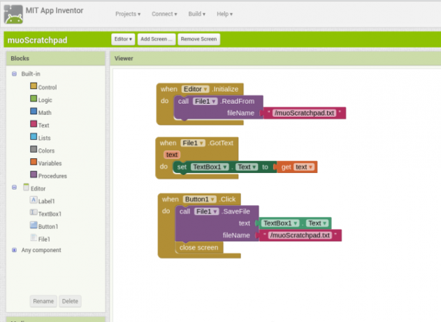 Android vytvára bloky appinventor na obrazovke app2ventor