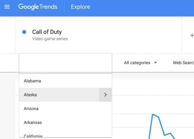 Vyberte oblasť Trendy Google