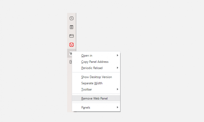 Snímka obrazovky ukazujúca, ako odstrániť webové panely vo vivaldi