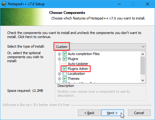 Počas inštalácie programu Notepad ++ začiarknite políčko Pluginy Admin