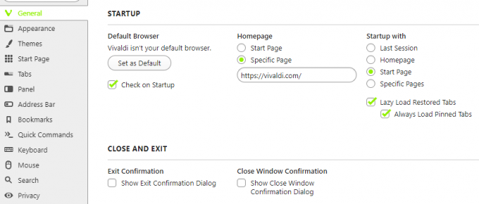Snímka obrazovky so stránkou nastavení Vivaldi General Tab