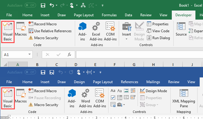 Visual Basic na karte Developer v programoch Microsoft Excel a Microsoft Word