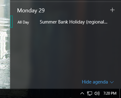 Windows 10 kalendár hlavnom paneli