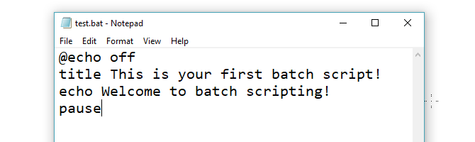 Testovací bat súbor napísaný v programe Poznámkový blok