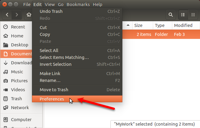 Prejdite do časti Úpravy> Predvoľby v aplikácii Nautilus v Ubuntu