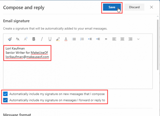 Vytvorte podpis a kliknite na Uložiť v programe Outlook v Office 365