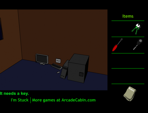 Snímka obrazovky zamknutej miestnosti a inventára Murder Escape