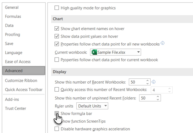 Skryť panel vzorcov pomocou možností programu Excel