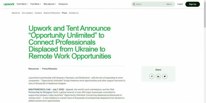 Obrázok tlačovej správy spoločnosti Upwork oznamujúcej iniciatívu