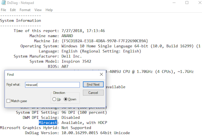 Ako premietnuť Windows 10 do TV pomocou Miracast dxdiag poznámkového bloku