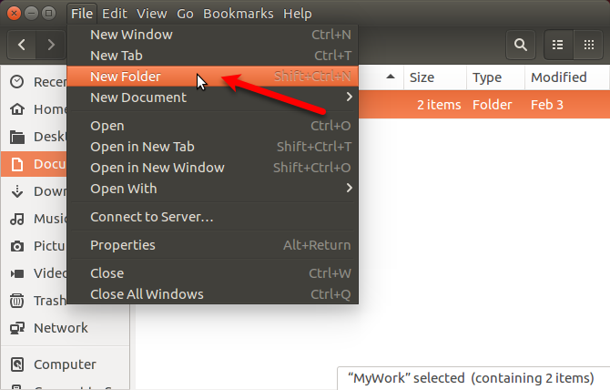Prejdite do časti Súbor> Nový priečinok v aplikácii Nautilus v Ubuntu