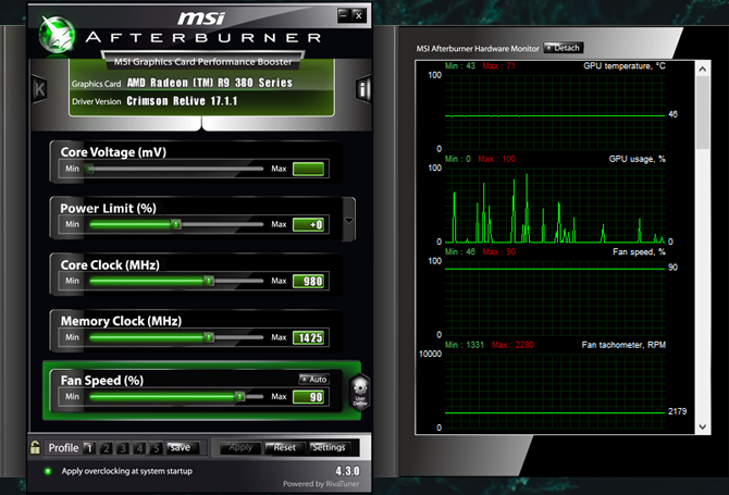 snímka obrazovky programu MSI afterburner