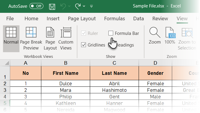 Skryjte panel vzorcov pomocou karty Zobraziť v programe Excel