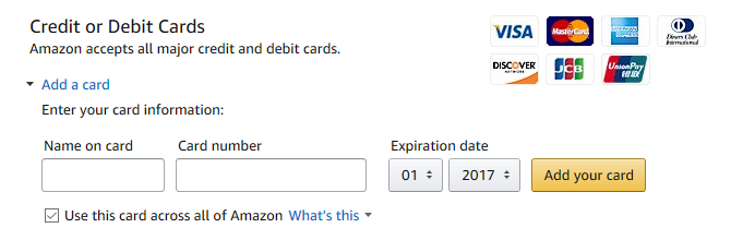 Karta s platobnými metódami Amazon Shopping Guide amazon