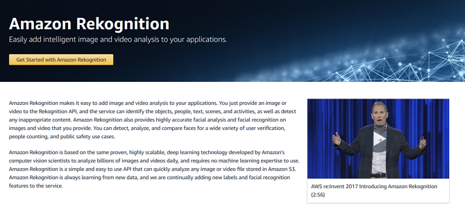 Snímka obrazovky marketingovej webovej stránky spoločnosti Amazon Rekognition 