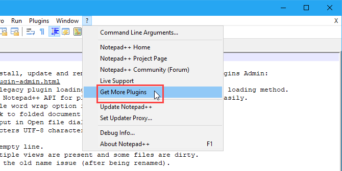 Vyberte možnosť Získať viac doplnkov v ponuke Pomocník v programe Poznámkový blok ++