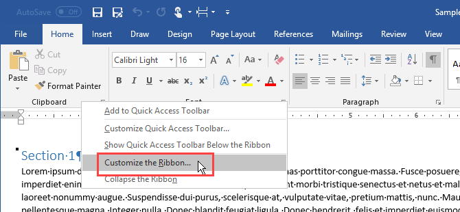 Pravým tlačidlom myši kliknite na pásku v programe Microsoft Word a vyberte Prispôsobiť pásku