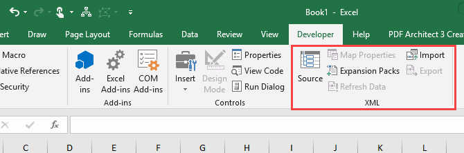 Sekcia XML na karte Vývojár v programe Microsoft Excel