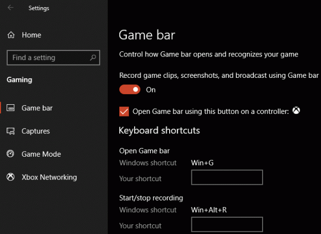 Windows 10 Game Bar Settings