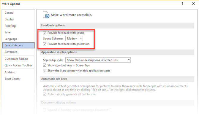 Ako vypnúť nepríjemné zvuky v aplikácii Microsoft Office 2016 Ľahké prístupové zvukové efekty