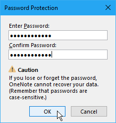 Dialógové okno Ochrana heslom v aplikácii OneNote 2016