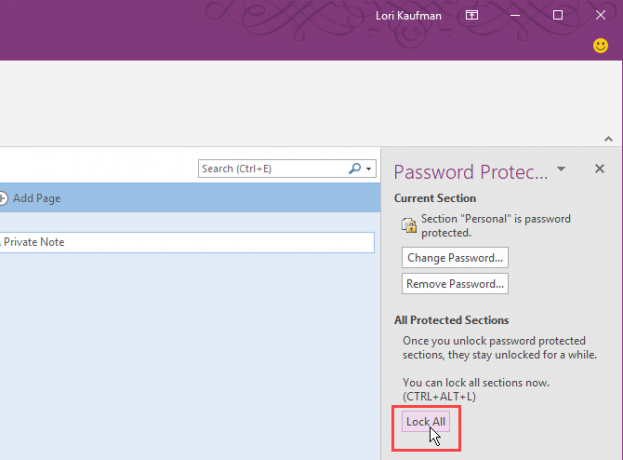 Kliknite na položku Zamknúť všetko v aplikácii OneNote 2016