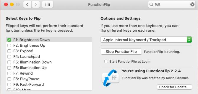 Panel nastavení aplikácie FunctionFlip v systéme MacOS