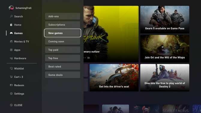Navigačná ponuka pre nový Microsoft Store na Xbox