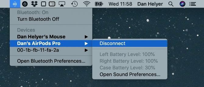 Úroveň nabití batérie AirPod v ponuke Bluetooth v systéme MacOS