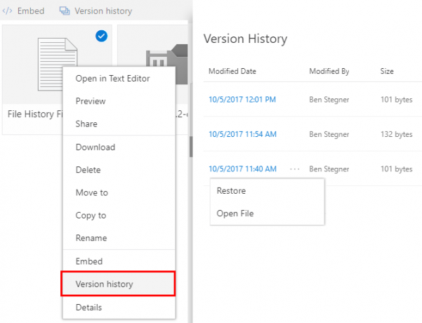 funkcia verzie histórie súboru onedrive