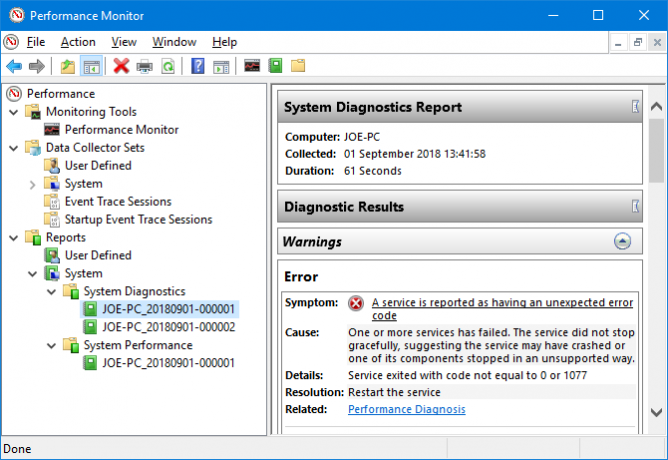 Diagnostické výsledky systému Windows 10 Performance Monitor