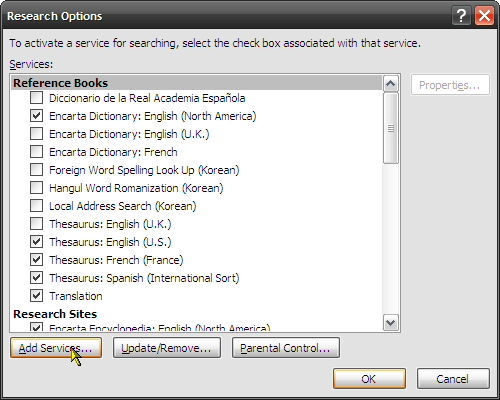 Ako využiť funkciu výskumu v aplikácii Microsoft Word 2007 4 pridať služby