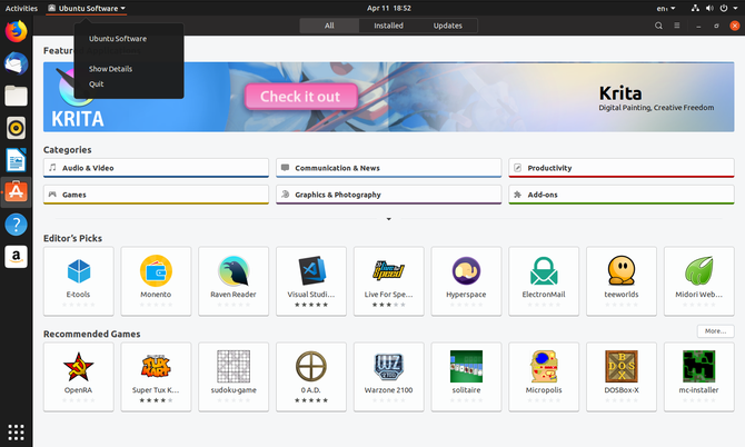 Nová ponuka aplikácie GNOME v Ubuntu 19.04