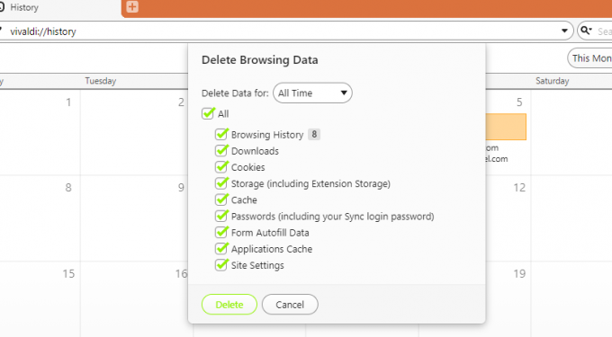 Snímka obrazovky Clear Browsing Data Window Vivaldi