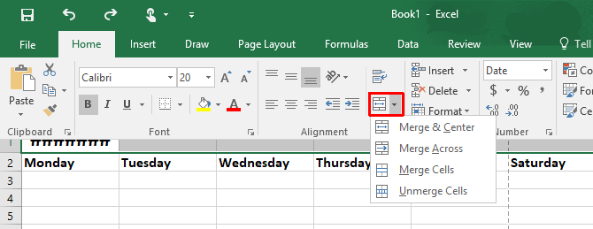 Ako vytvoriť šablónu kalendára v aplikácii Excel Excel Merge a Center 670x259