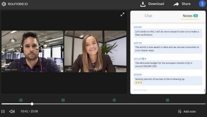 Roundee zaznamenáva videokonferenčné hovory a umožňuje vám pridať zápisy s časovou pečiatkou pre zápisnice zo schôdzky