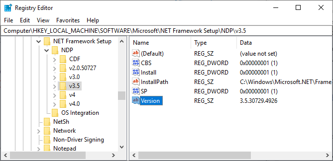 regedit net framework staršia verzia