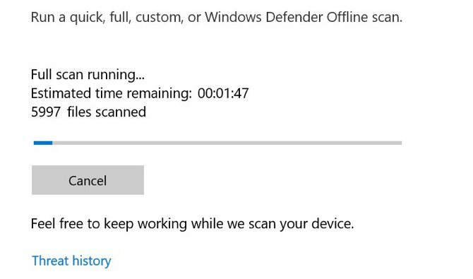 Antivírusová kontrola programu Windows Defender