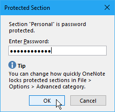 Dialógové okno Chránená sekcia v aplikácii OneNote 2016