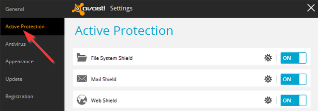 Avast - Nastavenia - Aktívna ochrana