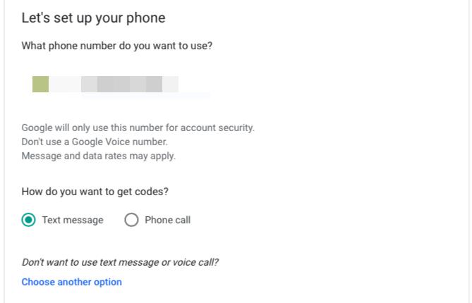 Pridajte telefónne číslo počas nastavenia služby 2FA pre účet Google