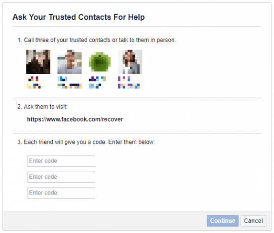 Požiadajte dôveryhodných kontaktov o pomoc s obnovením účtu Facebook.