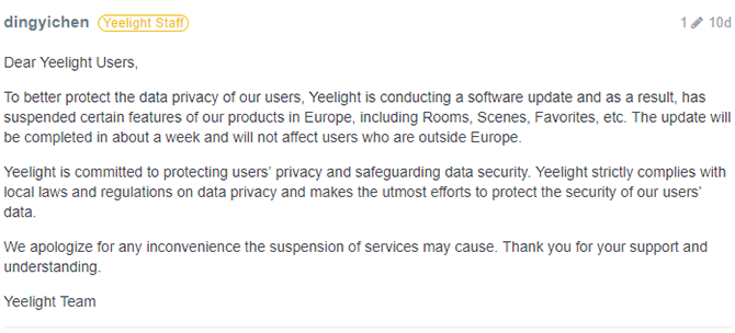 Ako môže GDPR ovplyvniť inteligentné domáce zariadenia? 2 Príklady príspevkov fóra yeelights fóra Downed Services 670