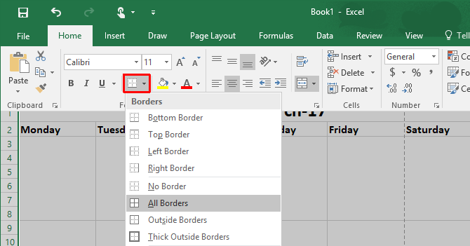 Ako vytvoriť šablónu kalendára v aplikácii Excel Excel Grid Borders 670x351