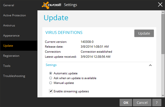 Avast - Nastavenia - Aktualizácia