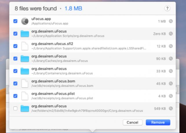 Súbory nájdené na odstránenie v AppCleaner na MacOS