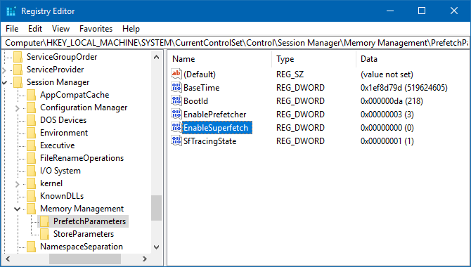 Editor databázy Registry systému Windows EnableSuperfetch