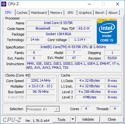 Prehľad diagnostiky CPU-Z Windows