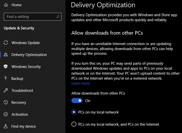 Optimalizácia doručenia systému Windows 10