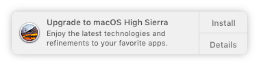 Ako zakázať obťažujúce MacOS High Sierra Upgrade Oznámenie MacOS High Sierra Oznámenie